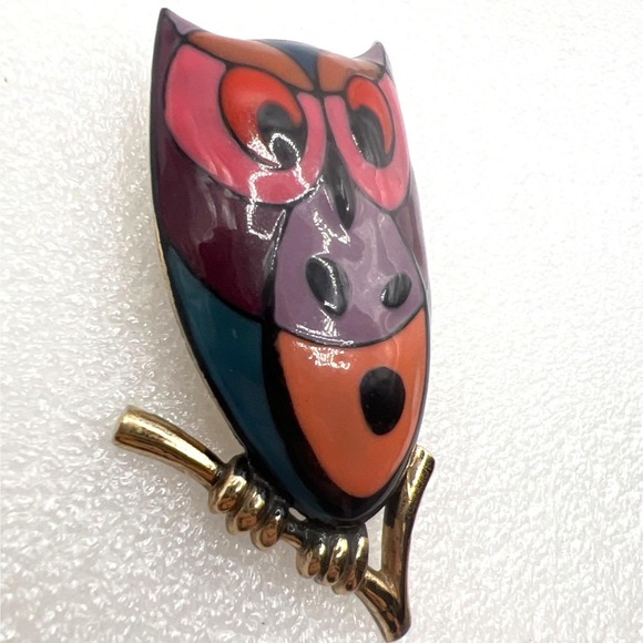 Vintage Eisenberg 3" Owl Pendant Gold Filled Ball Chain 24" Purple Teal Pink 26g - Picture 3 of 12